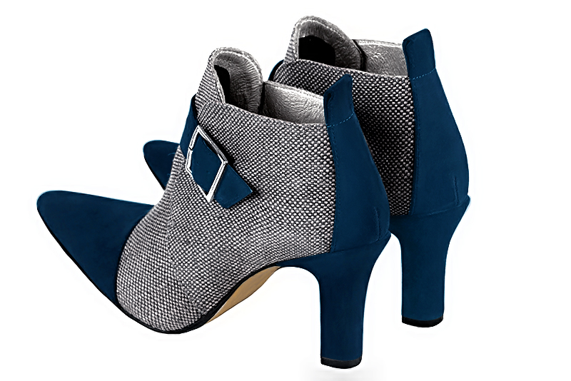 Navy blue and dark grey women's ankle boots with buckles at the front. Tapered toe. High kitten heels. Rear view - Florence KOOIJMAN